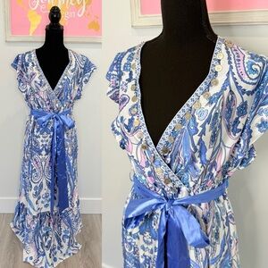 Anany Maxi V-Neck Coin on Collar Belted Short Sleeve with Slit Dress (S)